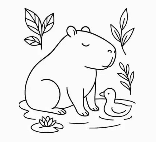 Chú chuột lang nước ngồi thảnh thơi bên hồ nước quan sát một chú vịt con đang bơi lội tung tăng trong hệ sinh thái ngập nước.