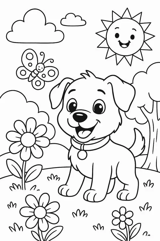 Chú chó con lông xù đáng yêu đứng giữa vườn hoa xuân nở rộ thể hiện sự tỉ mỉ kiên trì của bé khi cầm bút