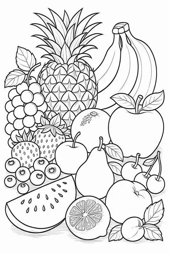 In trang tập tô màu giỏ trái cây thơm ngon với đủ loại dứa và nho căng mọng giúp các con học cách nhận biết hình khối nhanh chóng