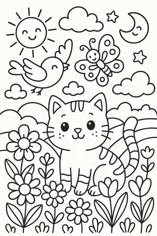 Chú mèo nhỏ ngồi bên cửa sổ ngắm nhìn bầu trời đêm đầy sao lấp lánh mang đến không gian giáo dục sớm nhẹ nhàng đầy ý nghĩa