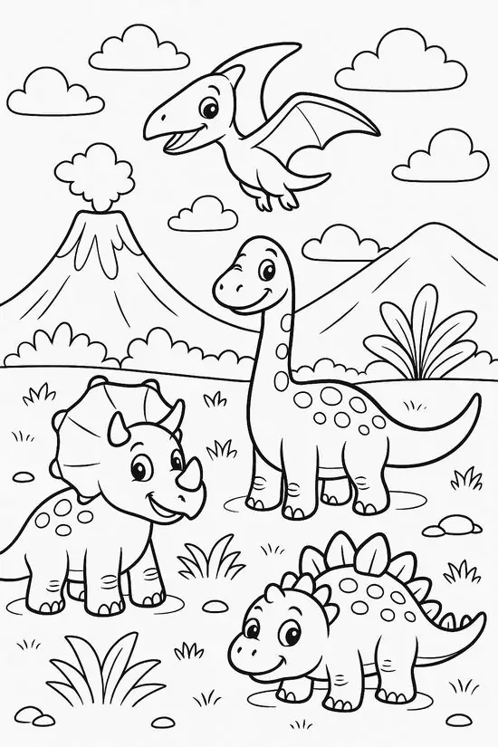 Bầy khủng long khổng lồ dạo bước dưới chân núi lửa đang phun trào tạo nên khung cảnh trường tiểu học thú vị cho bé 5 tuổi