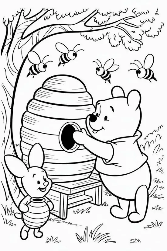 Hình vẽ cho bé chuẩn bị vào lớp 1 gấu Pooh và những chú ong mật bên tổ ong ngọt lịm hỗ trợ rèn luyện kỹ năng vận động tinh hiệu quả