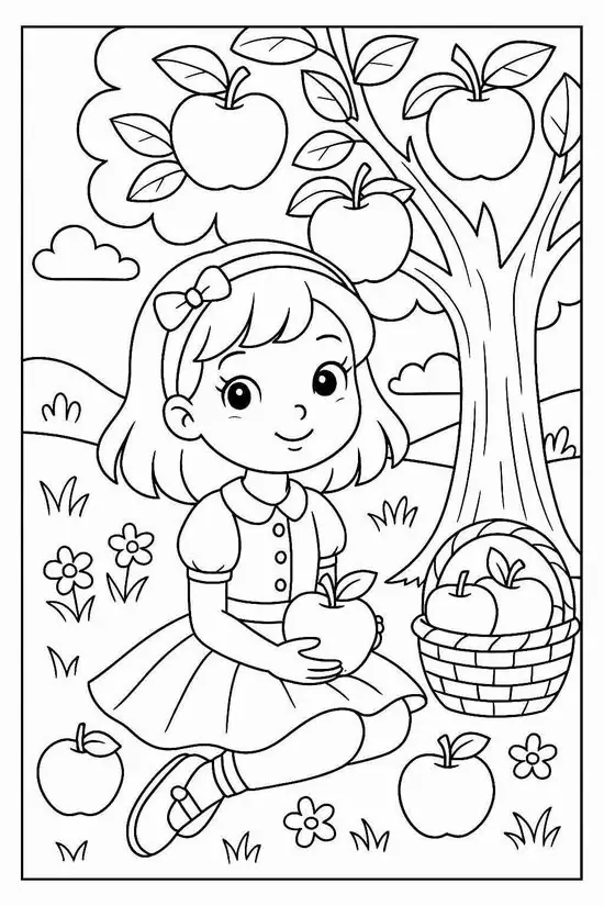 Cô bé ngồi dưới gốc cây táo trĩu quả tận hưởng không khí mùa thu mát mẻ với nhiều món quà giáo dục sớm bổ ích vô cùng