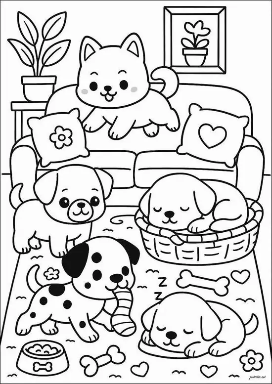 Những chú chó con và mèo nhỏ nằm cuộn tròn ngủ ngon lành trên chiếc ghế sofa êm ái thể hiện sự tỉ mỉ kiên trì sắc nét