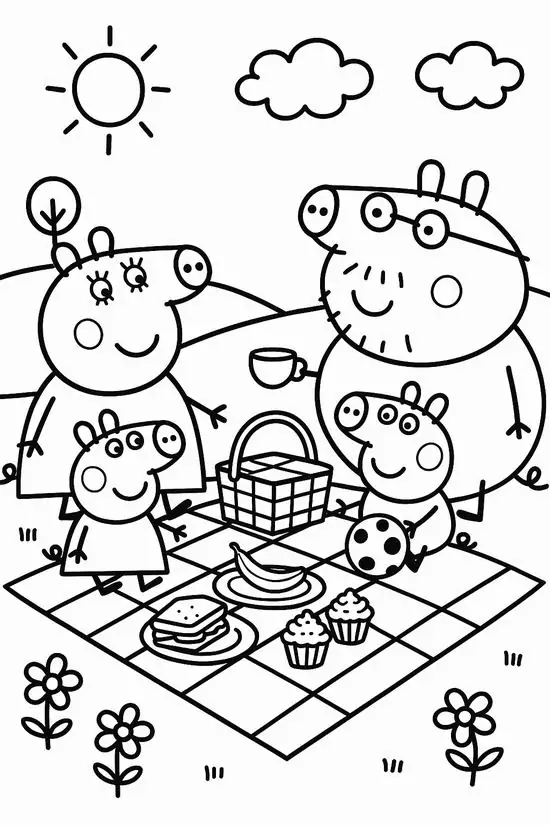 Tập tô màu mẫu giáo lớn gia đình heo Peppa đang cùng nhau tổ chức buổi dã ngoại vui vẻ trên thảm cỏ xanh mướt cho trẻ 6 tuổi