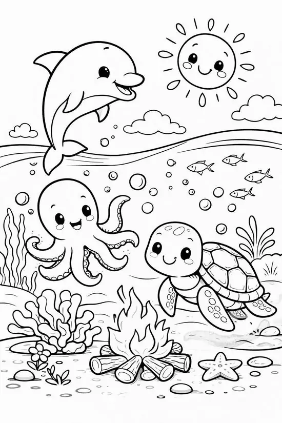 Đàn cá heo và bạch tuộc đang bơi lội tung tăng dưới đáy đại dương sâu thẳm mang lại bảng màu đa dạng cho bé thỏa sức vẽ