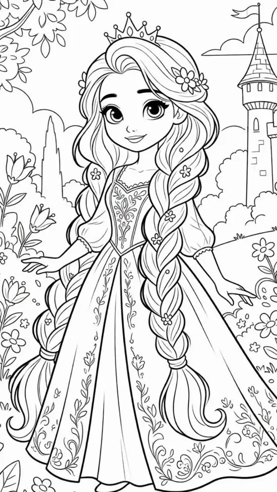 Tranh tô màu nàng công chúa lộng lẫy đứng trước tòa lâu đài nguy nga mang lại cảm thụ nghệ thuật dịu dàng cho đôi mắt nhỏ nhắn xinh xắn