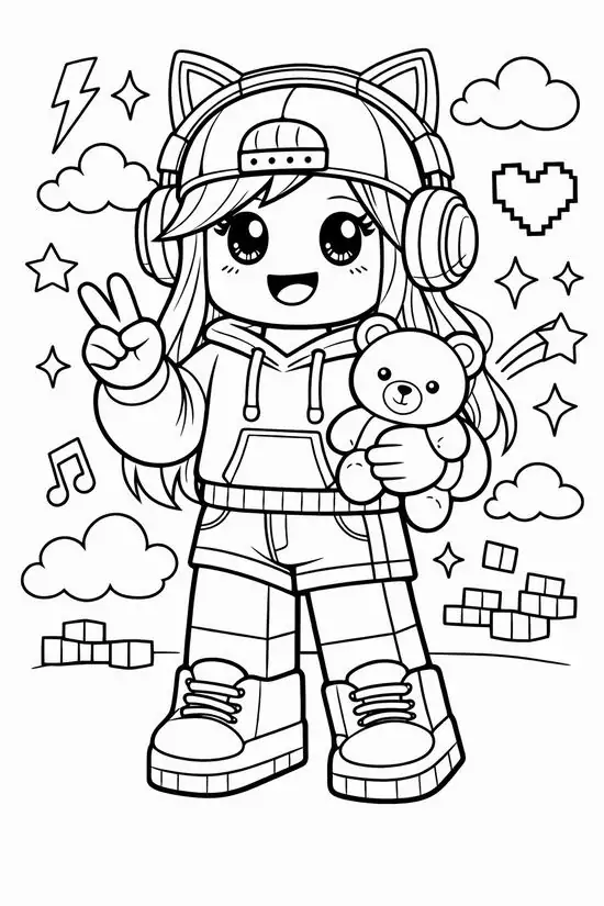 Cô bé đội tai nghe phong cách đang đứng giữa những trái tim và ngôi sao lấp lánh rèn luyện kỹ năng cầm bút linh hoạt cho bé 5 tuổi