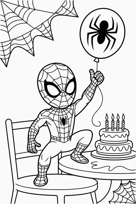 Siêu nhân Nhện nhanh nhẹn đứng bên cạnh chiếc bánh sinh nhật và mạng nhện giăng lối thể hiện bố cục hình ảnh vô cùng đặc sắc