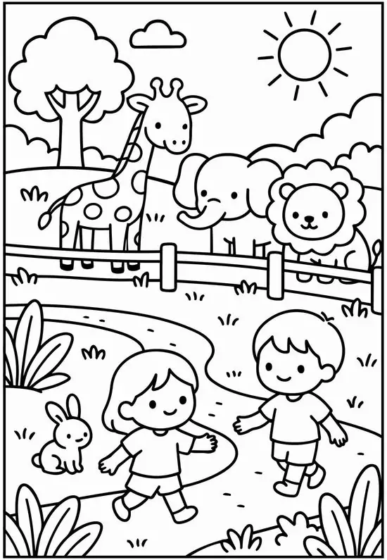 Học liệu tô màu mầm non nhóm bạn nhỏ cùng nhau khám phá khu rừng già với các loài hươu cao cổ thân thiện làm tăng cảm thụ nghệ thuật