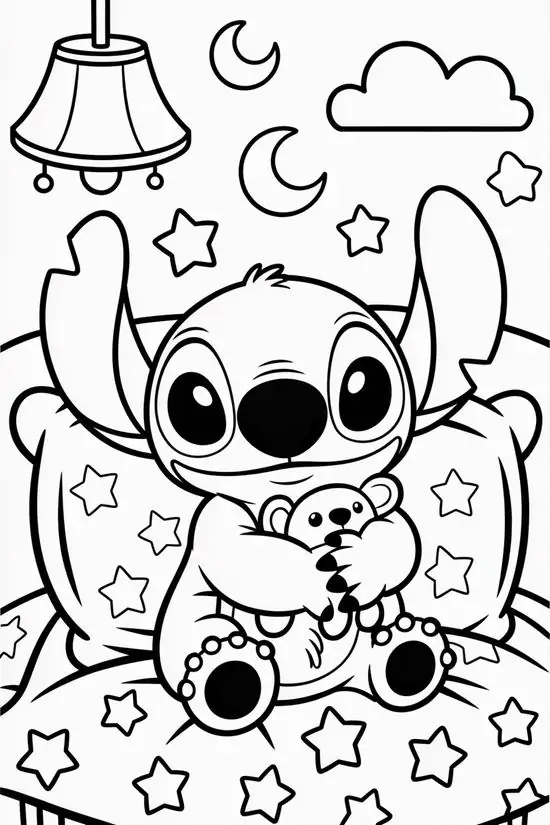 Chú chó Stitch ngồi ngoan ngoãn giữa căn phòng đầy ánh sao và đồ chơi xinh xắn giúp phát triển kỹ năng vận động tinh cho trẻ 6 tuổi