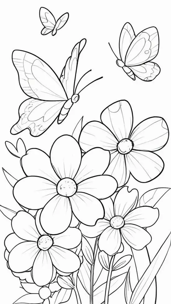 Chú bướm xinh đẹp bay lượn trên những bông hoa nở rộ trong nắng sớm giúp trẻ thực hành phối màu sáng tạo vô cùng thú vị