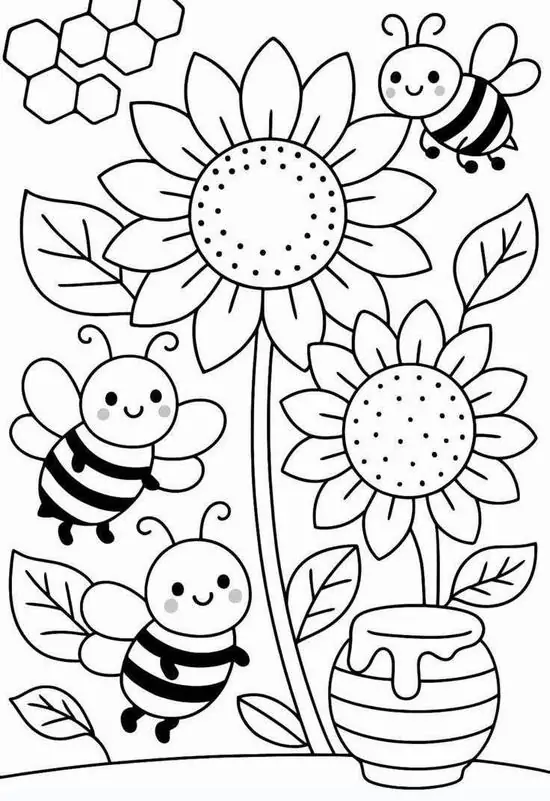 Đàn ong chăm chỉ hút mật bên những đóa hướng dương rực rỡ kích thích trí não phát triển mạnh mẽ thông qua từng trang giấy vẽ