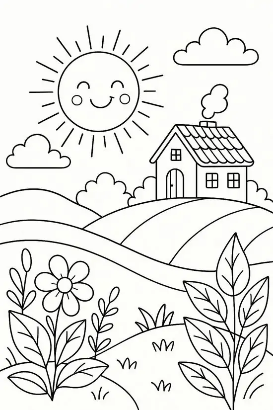 Tranh tập tô tiền tiểu học cảnh làng quê yên bình với ngôi nhà nhỏ bên sườn đồi hỗ trợ trẻ nhận biết hình khối rõ ràng cho bé 5 tuổi