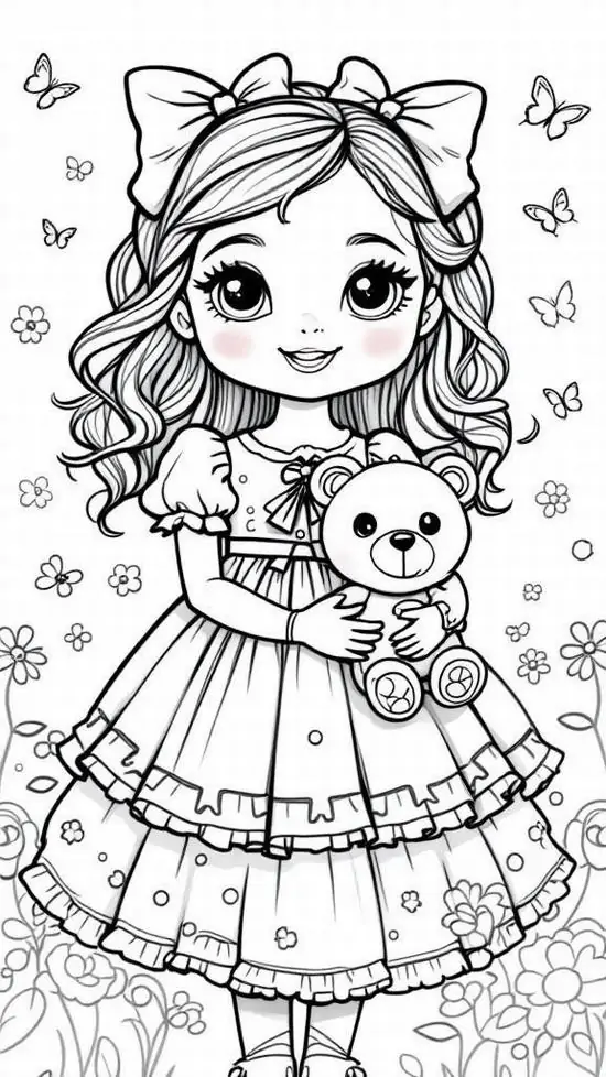 Bé gái nhỏ có đôi mắt tròn xoe ôm chú gấu bông mềm mại đứng giữa vườn hoa rực rỡ giúp trẻ rèn luyện đức tính tỉ mỉ kiên trì