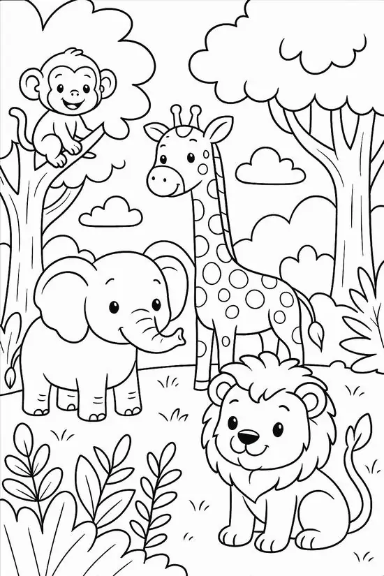 Trang tập tô màu các loài động vật hoang dã như voi và sư tử trong rừng xanh giúp trẻ hoàn thiện kỹ năng cầm bút khéo léo cho bé 5 tuổi