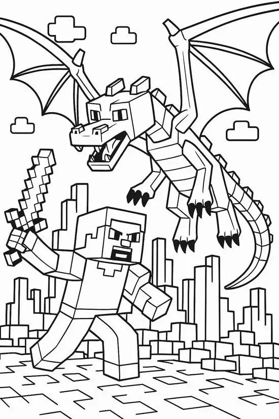 Chú rồng oai vệ đứng bên cạnh các hiệp sĩ tí hon trong thế giới hình khối kỳ ảo tạo nên bố cục hình ảnh vô cùng lôi cuốn