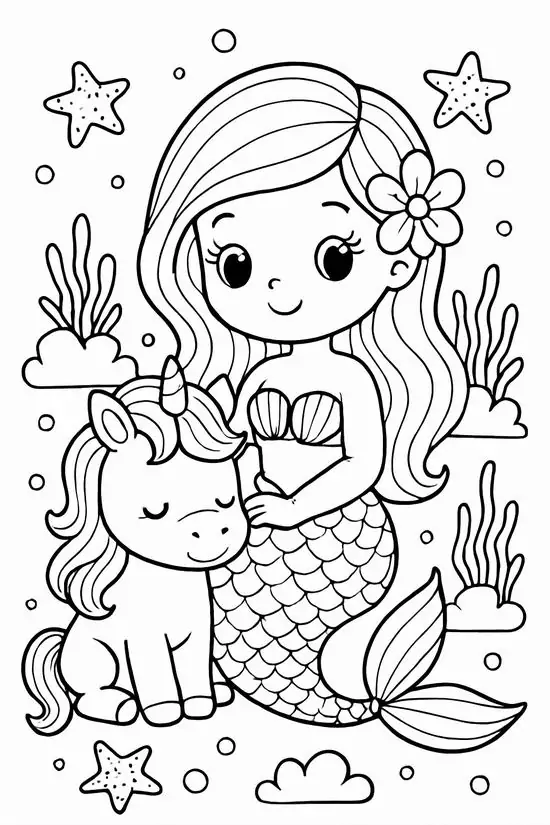 Nàng tiên cá tóc mây xinh đẹp vui đùa cùng chú kỳ lân biển dưới làn nước trong xanh giúp trẻ phát triển khả năng tập trung cao độ