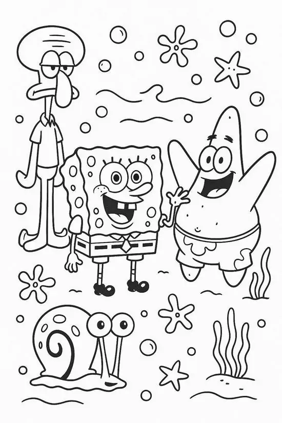 SpongeBob và những người bạn đang vui đùa cùng bong bóng xà phòng dưới đáy biển sâu thể hiện sự phối màu sáng tạo tuyệt vời