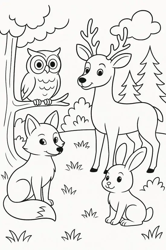 Đôi bạn cú và hươu rừng đứng giữa khu rừng mùa đông tĩnh lặng tạo nên không gian giáo dục sớm nhẹ nhàng cho các bạn nhỏ