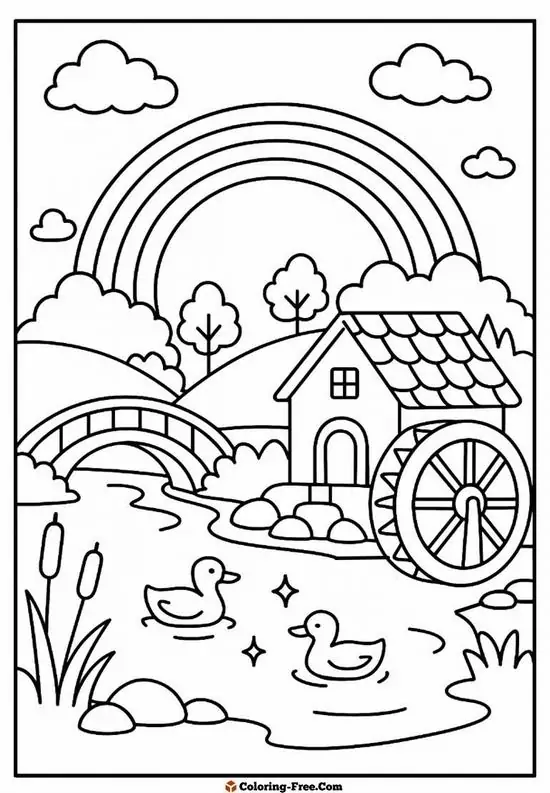 Tranh tô màu phát triển trí tuệ ngôi nhà nhỏ ven sông có cầu vồng rực rỡ hỗ trợ bé nhận biết hình khối cho trẻ 6 tuổi