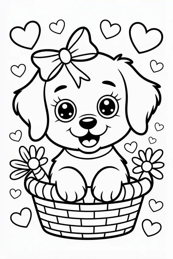 Chú cún con đáng yêu ngồi trong chiếc giỏ mây thắt nơ xinh xắn mang lại sự hoàn thiện kỹ năng vận động một cách khéo léo