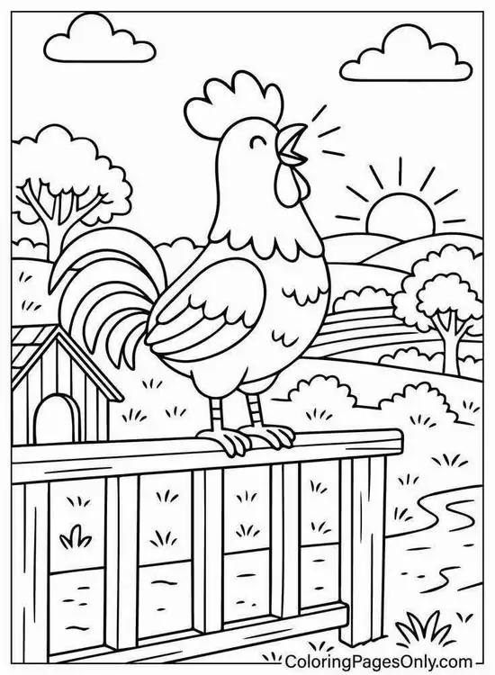 Tranh tô màu chú gà trống oai vệ cất tiếng gáy chào bình minh bên hàng rào gỗ mang đến một bảng màu đa dạng