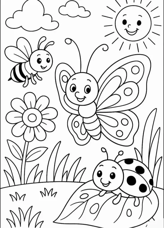 Các loại côn trùng nhỏ như bướm và bọ rùa đang dạo chơi trên thảm cỏ hoa rực rỡ rèn luyện kỹ năng vận động tinh cho bé 5 tuổi