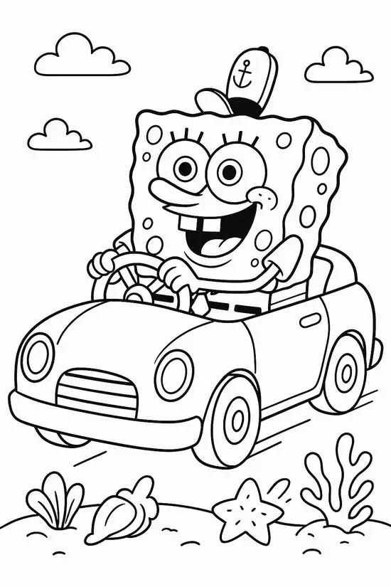 Chú bọt biển SpongeBob tinh nghịch đang lái chiếc xe mui trần đầy phấn khích giúp trẻ phát triển khả năng tập trung cho trẻ 6 tuổi