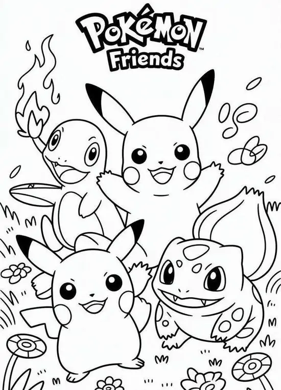 Hình vẽ cho bé mẫu giáo 5 tuổi những người bạn Pokemon lém lỉnh đang cùng nhau vui đùa giúp trẻ học tập cách phối màu sáng tạo