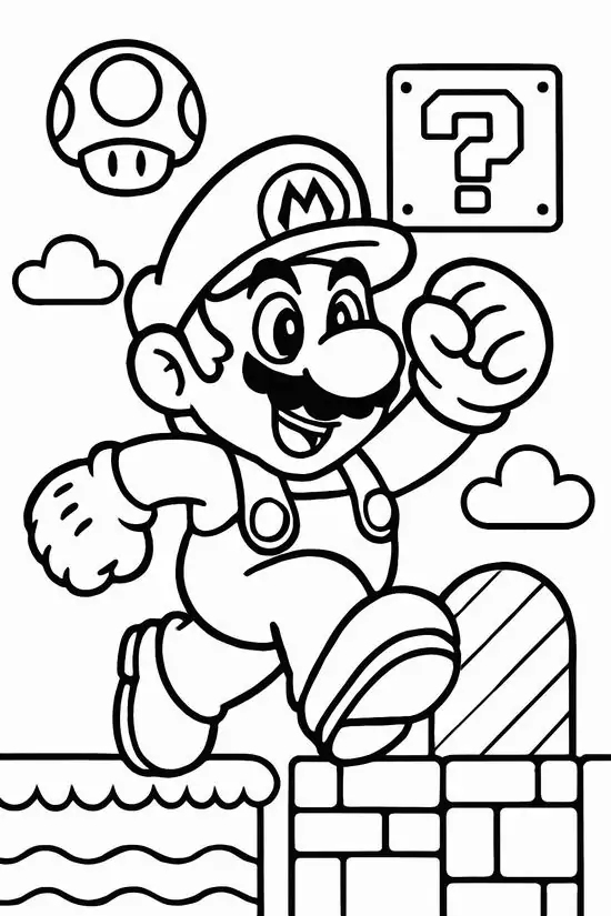 Chú thợ sửa ống nước Mario đang nhảy lên đầy năng lượng trong thế giới nấm kỳ diệu rèn luyện kỹ năng cầm bút cho trẻ 6 tuổi