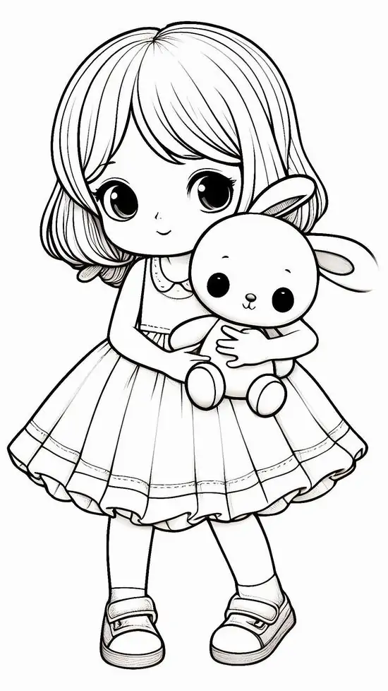 Bộ tranh tô màu thông minh cho bé cô bé diện váy hoa xinh xắn cầm trên tay chú gấu bông yêu quý nâng cao khả năng tập trung