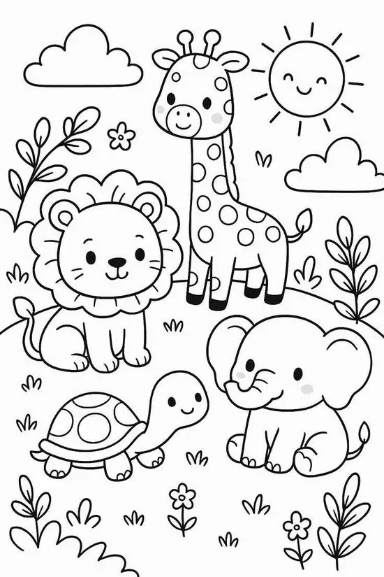 Chú hươu cao cổ cao lớn đứng bên cạnh sư tử con và voi nhỏ giữa đồng cỏ rộng lớn tạo ra một bố cục hình ảnh hài hòa