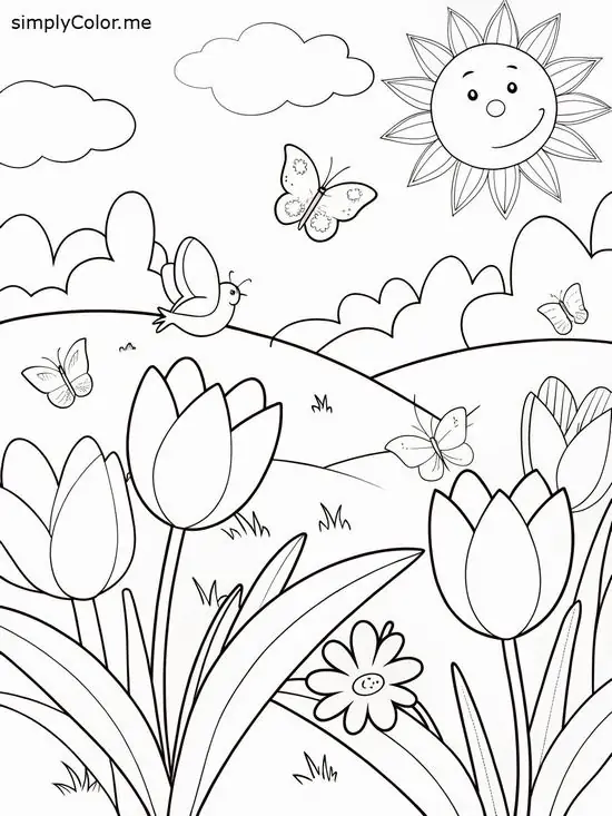 Những bông hoa tulip vươn mình trong nắng sớm bên lối đi dạo đầy bướm bay rèn luyện sắc thái đậm nhạt tinh tế cho bé 5 tuổi