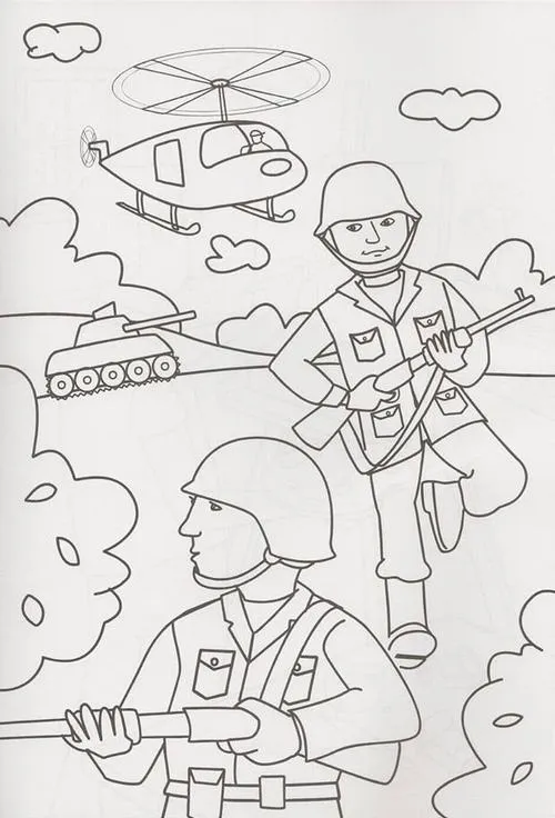 Trang giấy tô màu chiếc máy bay trực thăng chở quân nhân bay lượn trên bầu trời, phía dưới là đồng đội đang vẫy tay chào vui vẻ cho bé 5 tuổi.