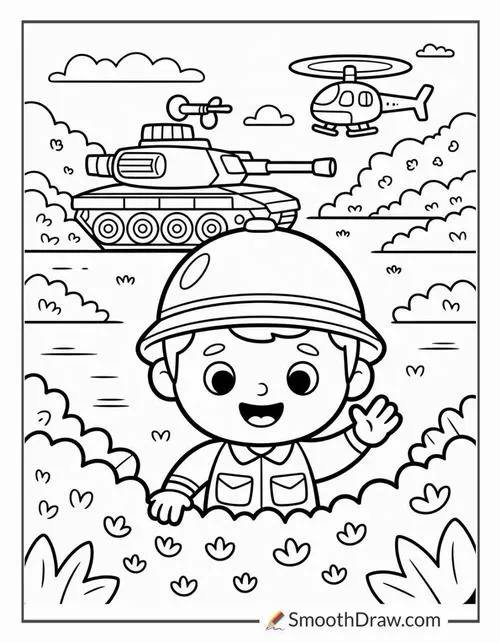 Hình vẽ hai người lính nhỏ đứng gác dưới hầm hào, biểu cảm kiên cường giúp bé hiểu thêm về sự gian khổ nhưng vinh quang của các chú lính.