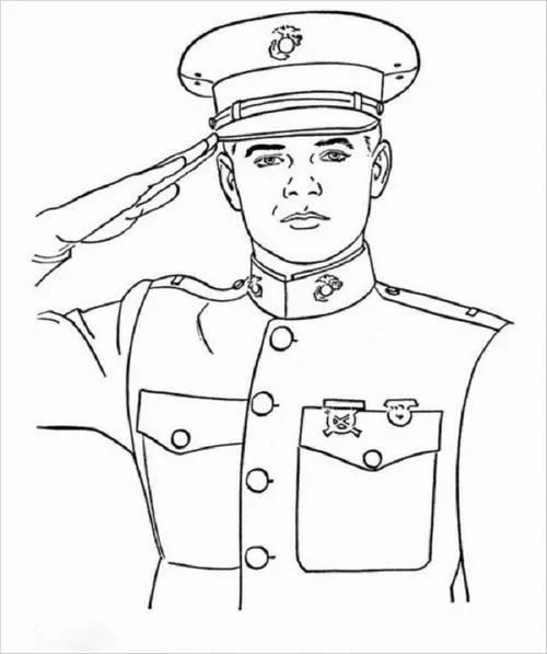 Trang tập tô màu người chỉ huy đang giơ tay chào quyết thắng, trang phục quân nhân có cầu vai nghiêm chỉnh trông cực kỳ oai hùng cho bé 3 tuổi.