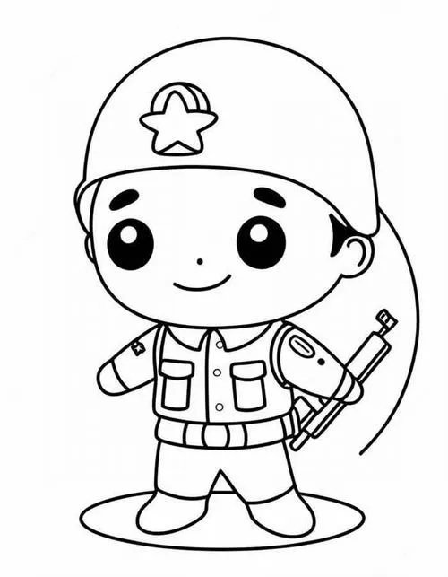 Cậu bé mặc bộ đồ lính tí hon đứng chào kiểu quân đội, phía sau là những đám mây trắng bồng bềnh tạo nên khung cảnh bình yên của doanh trại.