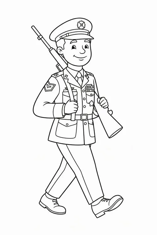 Anh lính bước đi hiên ngang trên đường hành quân, tay cầm chắc súng với tác phong nhanh nhẹn và tràn đầy năng lượng tích cực, tươi vui hết sức.