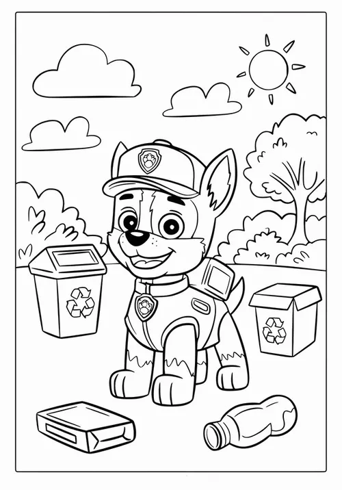 Chú chó Chase đang cùng các bạn nhặt rác và phân loại vào thùng, giúp giữ gìn môi trường xanh sạch đẹp cho cộng đồng cư dân.