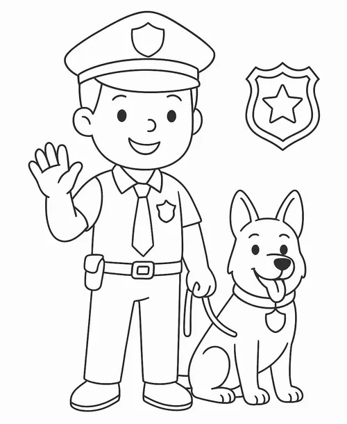 Anh cảnh sát trưởng đứng nghiêm trang bên cạnh chú chó đặc nhiệm Chase đang ngồi ngoan ngoãn, tạo nên một khung hình đầy tin cậy.