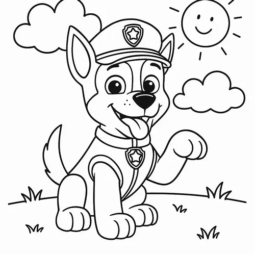 Trang tập tô màu chú chó Chase đang đứng vẫy tay chào giữa cánh đồng cỏ xanh mướt dưới ánh nắng mặt trời rực rỡ cho bé 3 tuổi.