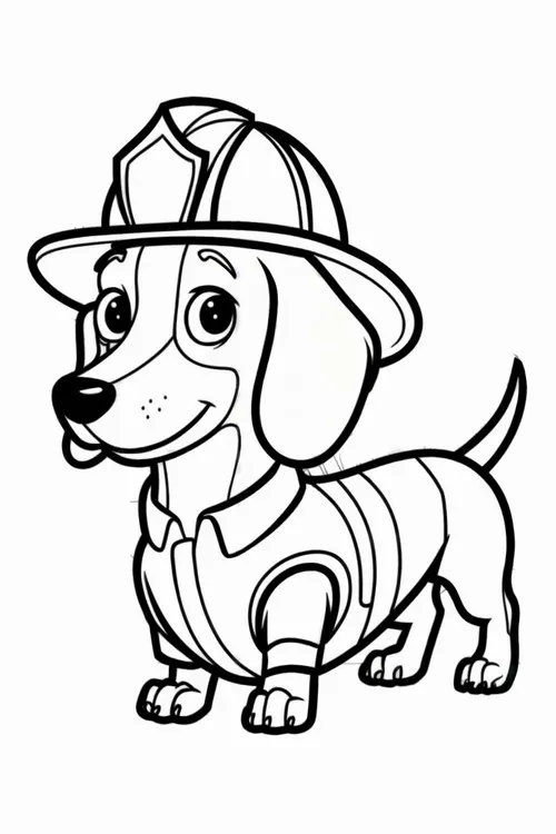 Chú chó Marshall với bộ lông đốm đặc trưng đang ngoảnh mặt nhìn sang một bên, đội chiếc mũ cứu hỏa đỏ rực trông thật oai vệ.