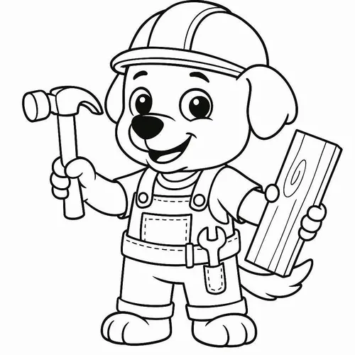 Chú cún Rubble đang cầm chắc chiếc búa và thanh gỗ lớn, biểu cảm tập trung cao độ khi tham gia xây dựng trạm cứu hộ bền vững.