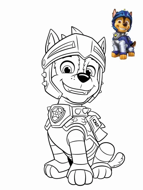 Chú chó Chase ngồi cảnh giác với đôi tai dựng đứng, thể hiện đúng khí chất của một cảnh khuyển tinh nhuệ luôn bảo vệ mọi người cho bé 5 tuổi.