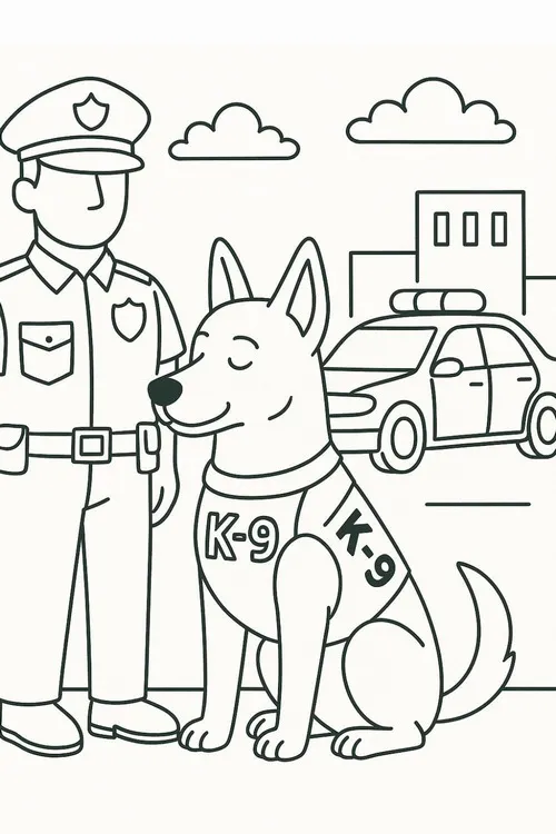 Tranh tô màu người cảnh sát cùng bạn đồng hành Chase đứng trước trụ sở với xe tuần tra đậu sẵn, sẵn sàng giữ trật tự phố phường cho trẻ 6 tuổi.