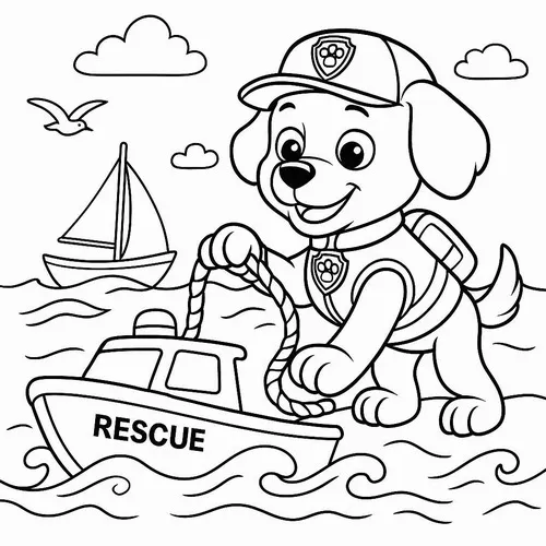 Chú chó Zuma lướt cano trên mặt biển xanh ngắt, phía xa là hình bóng chiếc thuyền buồm đang dập dềnh theo từng con sóng mạnh mẽ.