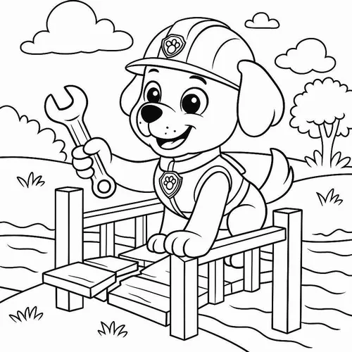 Trang tập tô màu chú cún Rubble cầm chiếc cờ lê đứng trên cầu cảng gỗ, ánh mắt rạng rỡ như vừa hoàn thành việc sửa chữa thiết bị công nghệ.