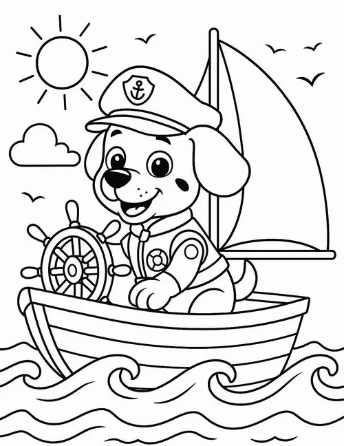 Hình vẽ tô màu chú chó Zuma đứng vững trên mạn thuyền, tận hưởng những đợt sóng biển xô nhẹ trong một ngày nắng đẹp trời cho bé 5 tuổi.