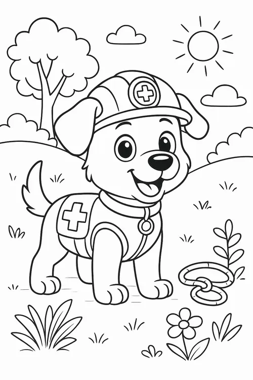 Chú chó Rubble đứng giữa công viên rợp bóng cây xanh, tận hưởng bầu không khí trong lành sau khi hoàn thành công việc xây dựng vất vả.